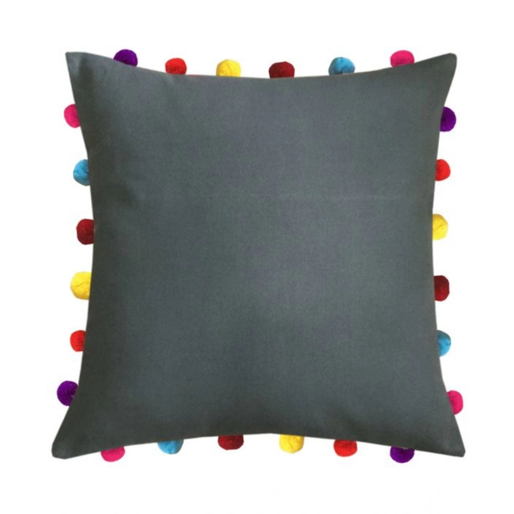 PKR Kart Cotton Solid Pom Pom Cushion Covers (Grey, Size: 18x18 In)