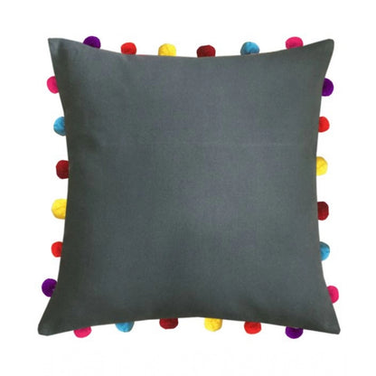 PKR Kart Cotton Solid Pom Pom Cushion Covers (Grey, Size: 18x18 In)
