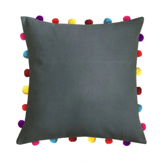 PKR Kart Cotton Solid Pom Pom Cushion Covers (Grey, Size: 18x18 In)