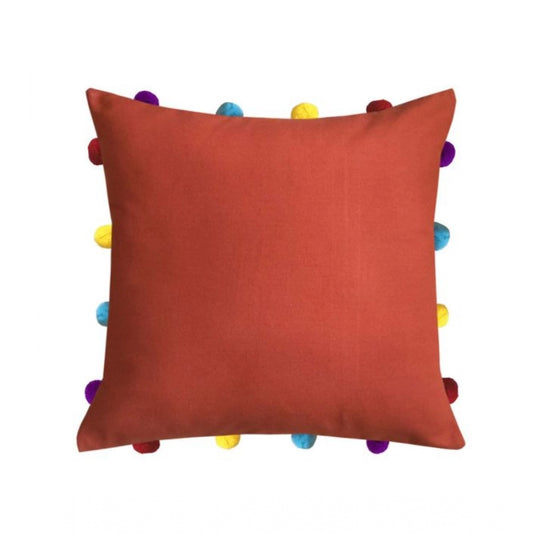 PKR Kart Cotton Solid Pom Pom Cushion Covers (Orange, Size: 14x14 In)