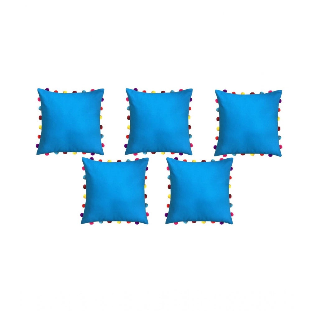 PKR Kart Cotton Solid Pom Pom Cushion Covers (Blue, Size: 18x18 In)