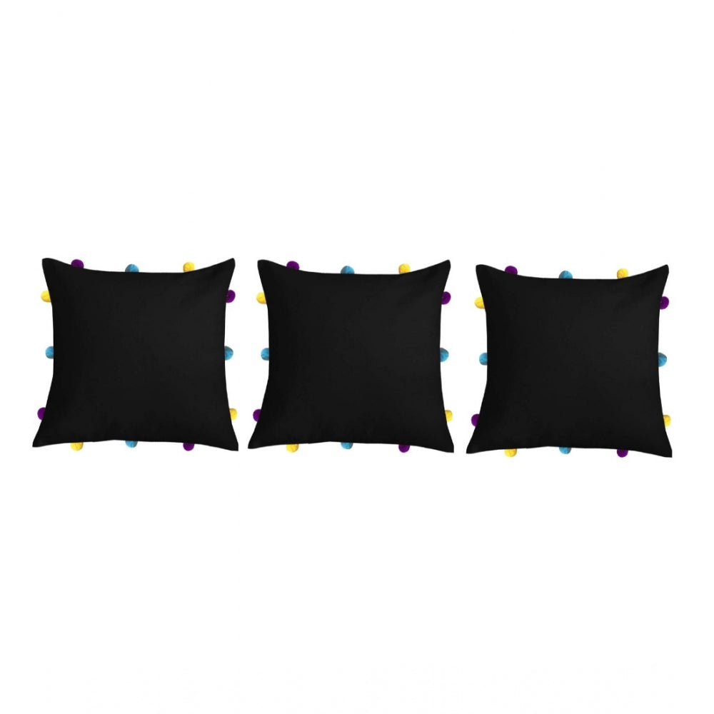 PKR Kart Cotton Solid Pom Pom Cushion Covers (Black, Size: 12x12 In)