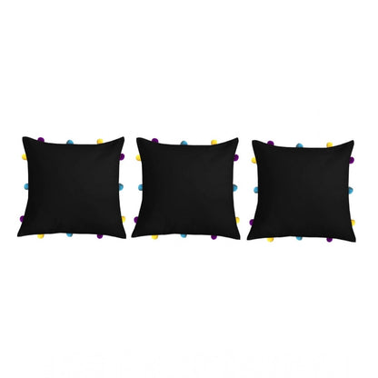 PKR Kart Cotton Solid Pom Pom Cushion Covers (Black, Size: 12x12 In)