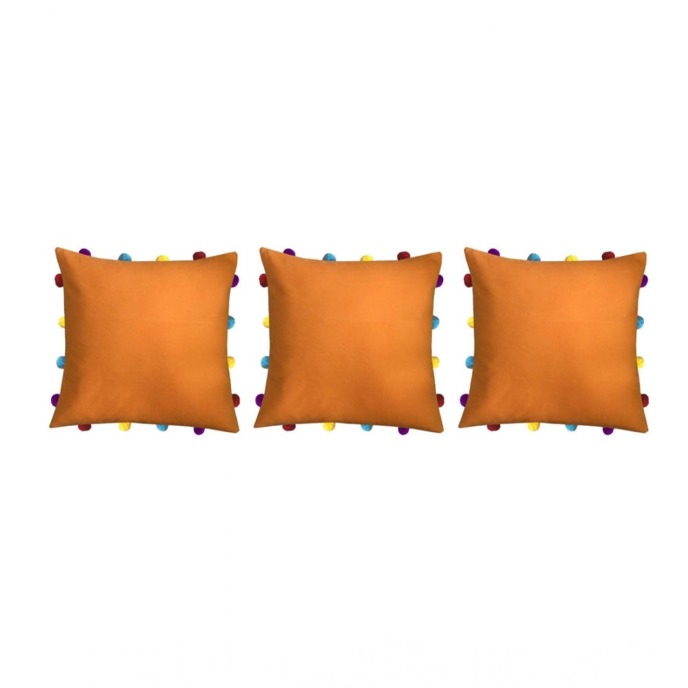 PKR Kart Cotton Solid Pom Pom Cushion Covers (Orange, Size: 14x14 In)