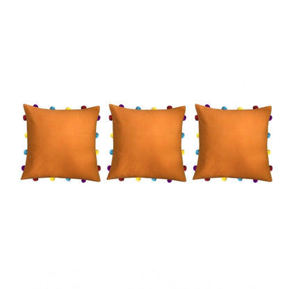 PKR Kart Cotton Solid Pom Pom Cushion Covers (Orange, Size: 14x14 In)