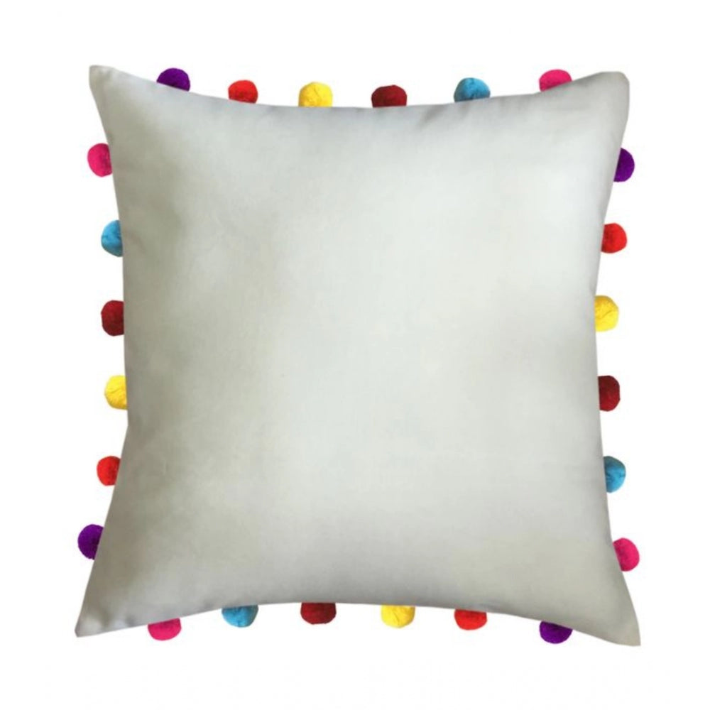 PKR Kart Cotton Solid Pom Pom Cushion Covers (Off-white, Size: 18x18 In)