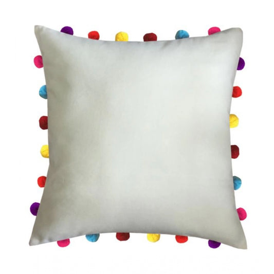 PKR Kart Cotton Solid Pom Pom Cushion Covers (Off-white, Size: 18x18 In)