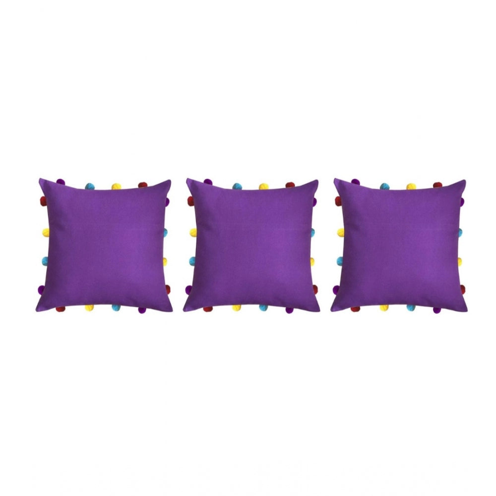 PKR Kart Cotton Solid Pom Pom Cushion Covers (Dark Purple, Size: 14x14 In)