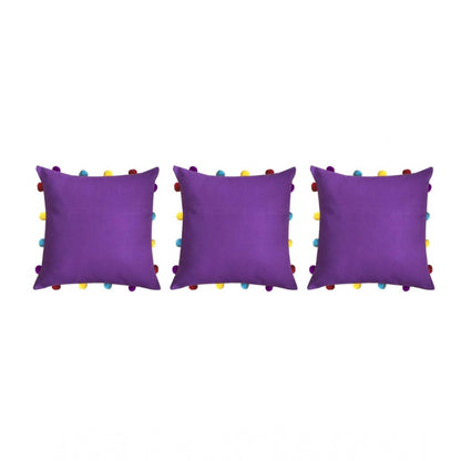 PKR Kart Cotton Solid Pom Pom Cushion Covers (Dark Purple, Size: 14x14 In)