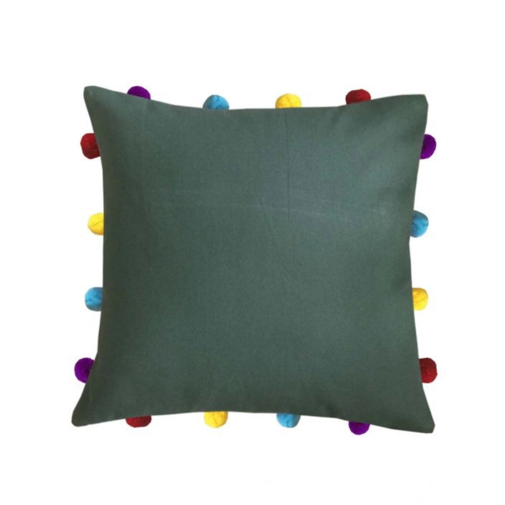 PKR Kart Cotton Solid Pom Pom Cushion Covers (Green, Size: 14x14 In)