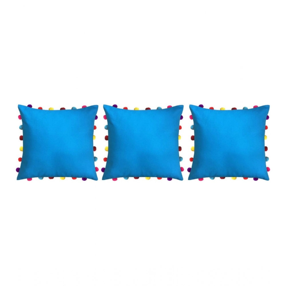 PKR Kart Cotton Solid Pom Pom Cushion Covers (Blue, Size: 18x18 In)