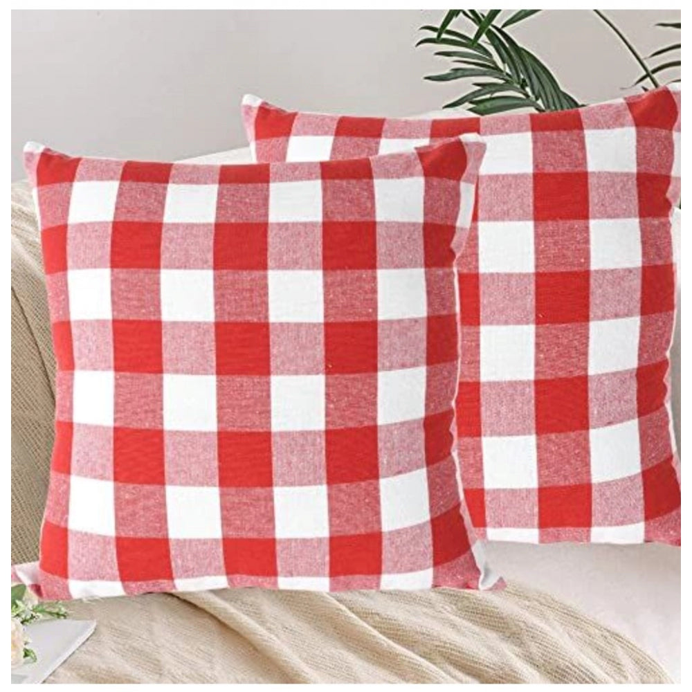 PKR Kart Pack Of_4 Cotton Checkered Cushion Cover With Pom Pom (Red, Size: 20x20 In)