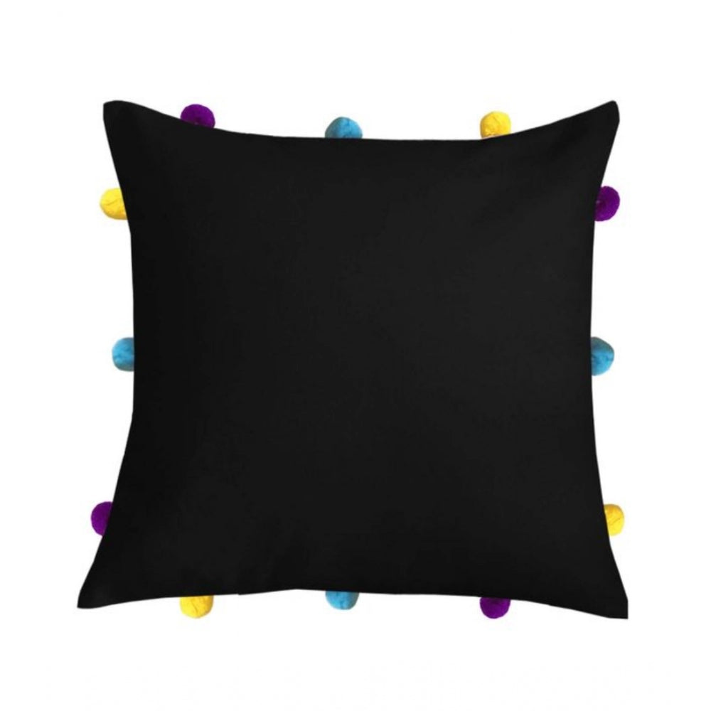 PKR Kart Cotton Solid Pom Pom Cushion Covers (Black, Size: 12x12 In)