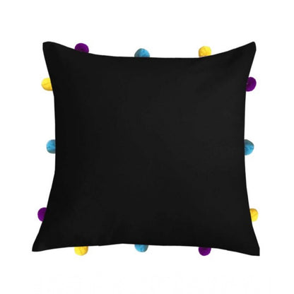 PKR Kart Cotton Solid Pom Pom Cushion Covers (Black, Size: 12x12 In)