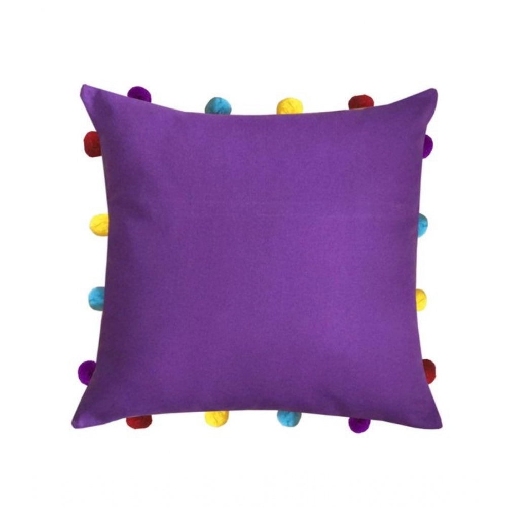 PKR Kart Cotton Solid Pom Pom Cushion Covers (Dark Purple, Size: 14x14 In)