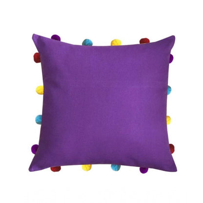 PKR Kart Cotton Solid Pom Pom Cushion Covers (Dark Purple, Size: 14x14 In)