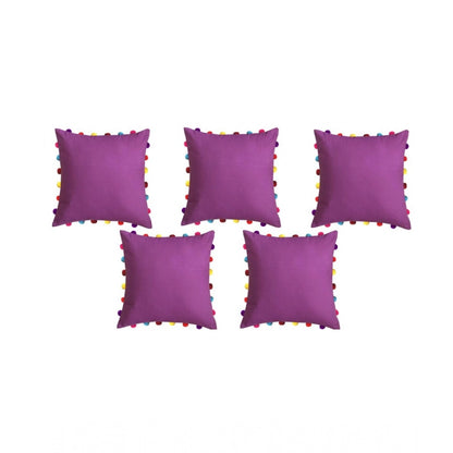 PKR Kart Cotton Solid Pom Pom Cushion Covers (Purple, Size: 18x18 In)