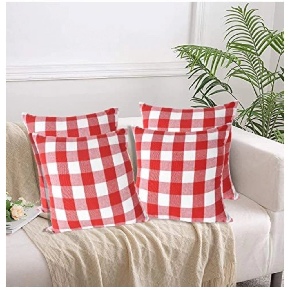 PKR Kart Pack Of_4 Cotton Checkered Cushion Cover With Pom Pom (Red, Size: 20x20 In)