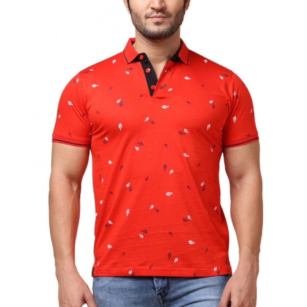 PKRKART Men's Casual Cotton Printed Polo Neck Half Sleeve T-Shirt (Red)