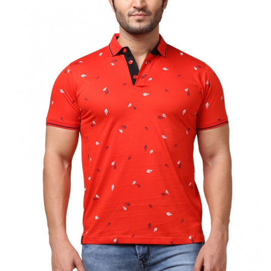 PKRKART Men's Casual Cotton Printed Polo Neck Half Sleeve T-Shirt (Red)