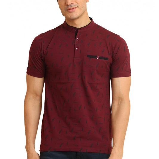 PKRKART Men's Casual Cotton Printed Mandarin Collar Half Sleeve T-Shirt (Plum)