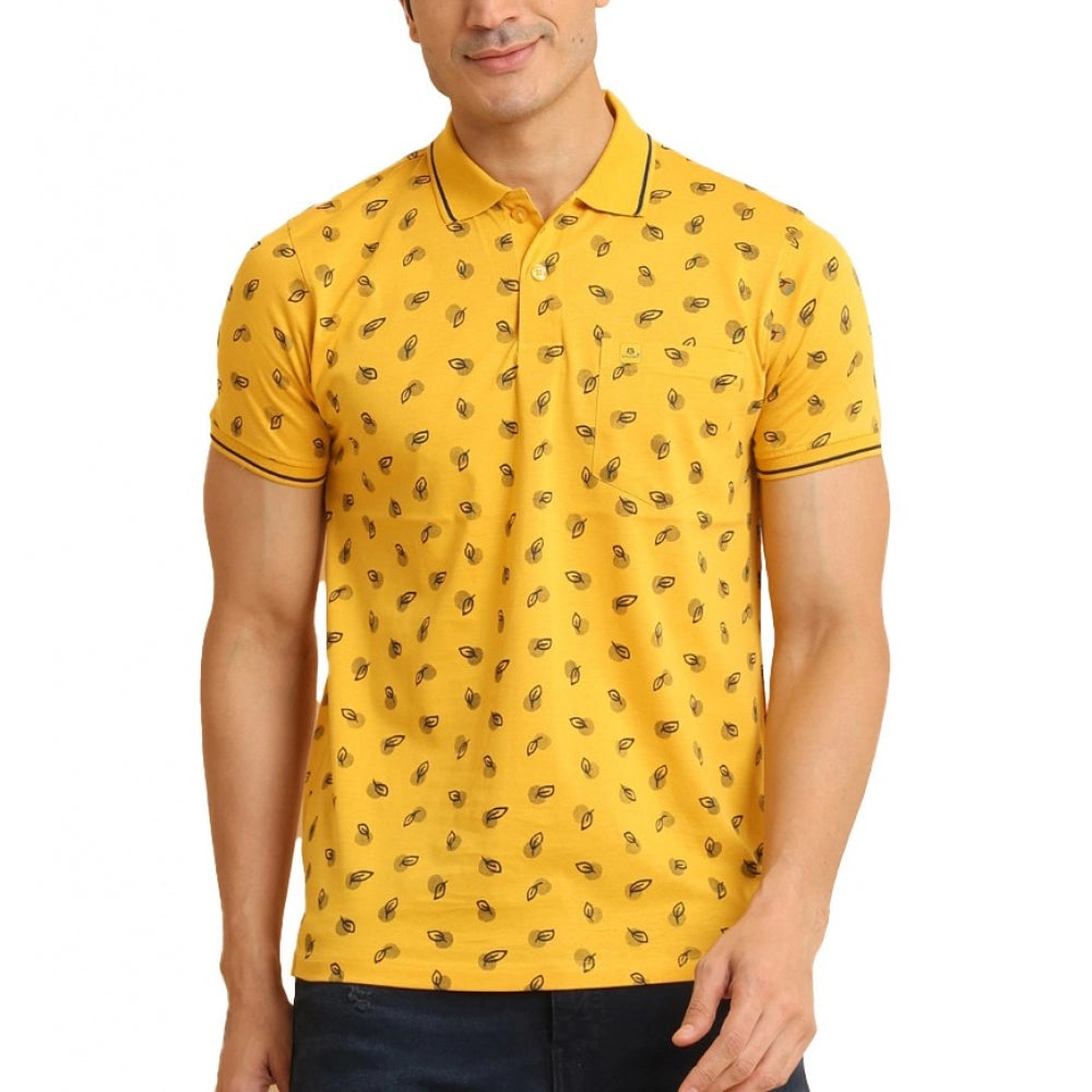 PKRKART Men's Casual Cotton Printed Polo Neck Half Sleeve T-Shirt (Mustard)