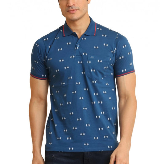 PKRKART Men's Casual Cotton Printed Polo Neck Half Sleeve T-Shirt (Blue)
