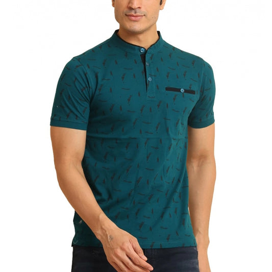 PKRKART Men's Casual Cotton Printed Mandarin Collar Half Sleeve T-Shirt (Green)