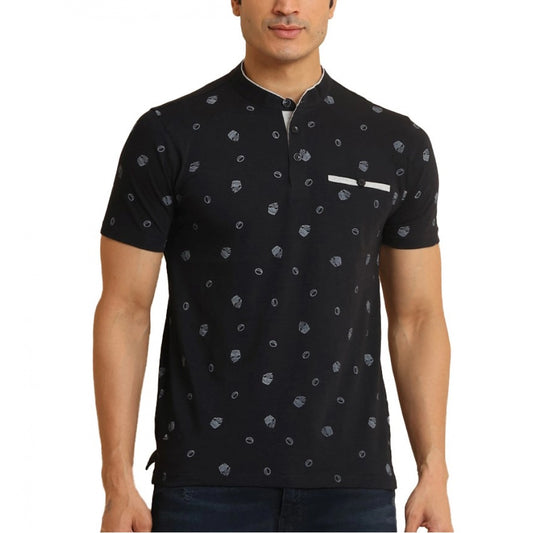 PKRKART Men's Casual Cotton Printed Mandarin Collar Half Sleeve T-Shirt (Black)