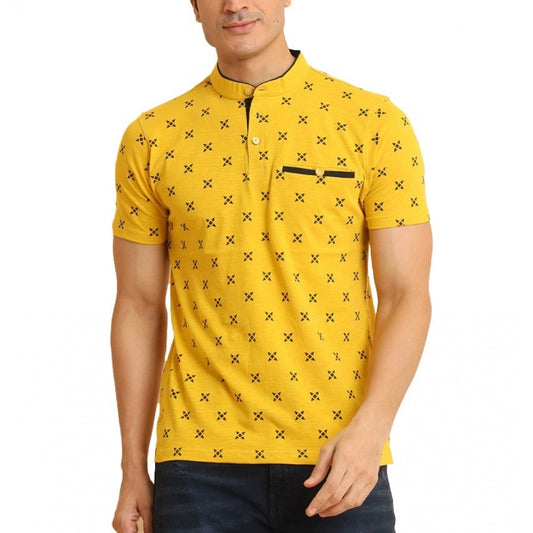 PKRKART Men's Casual Cotton Printed Mandarin Collar Half Sleeve T-Shirt (Mustard)