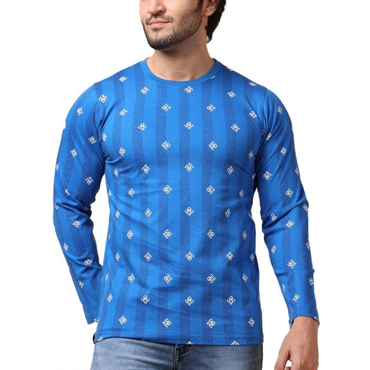 PKRKART Men's Casual Cotton Printed Round Neck Full Sleeve T-Shirt (Blue)