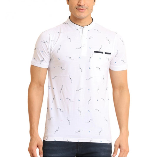 PKRKART Men's Casual Cotton Printed Mandarin Collar Half Sleeve T-Shirt (White)