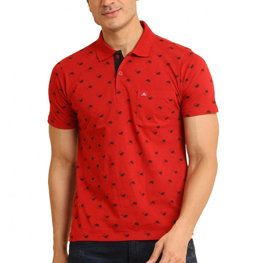 PKRKART Men's Casual Cotton Printed Polo Neck Half Sleeve T-Shirt (Red)