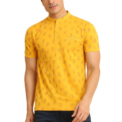 PKRKART Men's Casual Cotton Printed Mandarin Collar Half Sleeve T-Shirt (Mustard)