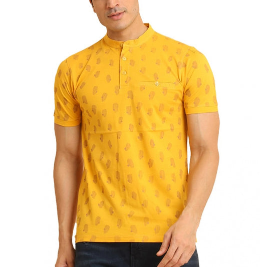 PKRKART Men's Casual Cotton Printed Mandarin Collar Half Sleeve T-Shirt (Mustard)