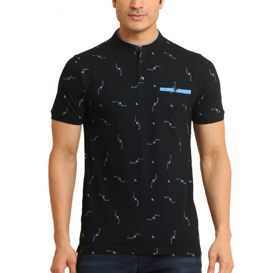 PKRKART Men's Casual Cotton Printed Mandarin Collar Half Sleeve T-Shirt (Navy)