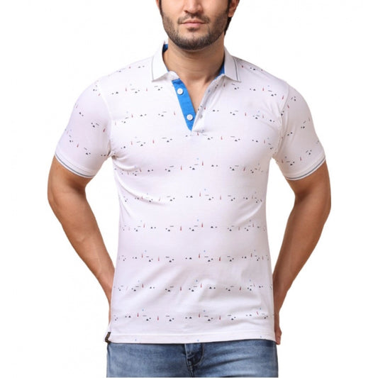 PKRKART Men's Casual Cotton Printed Polo Neck Half Sleeve T-Shirt (White)
