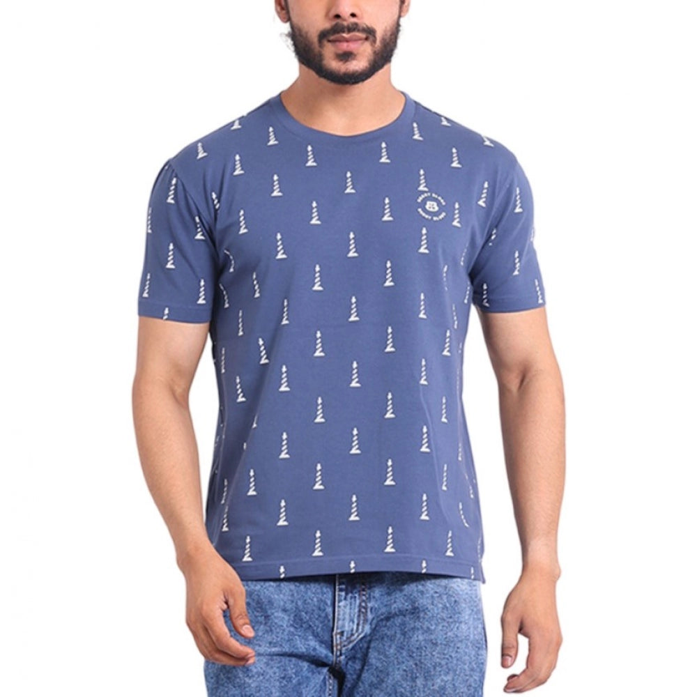 PKRKART Men's Casual Cotton Printed Round Neck Half Sleeve T-Shirt (Blue)