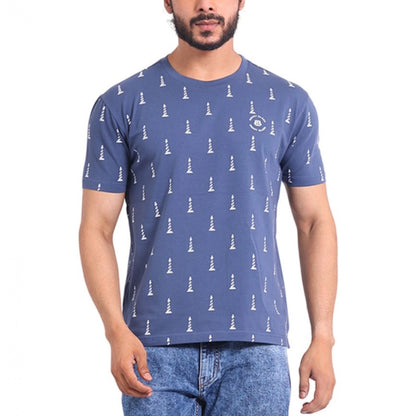 PKRKART Men's Casual Cotton Printed Round Neck Half Sleeve T-Shirt (Blue)