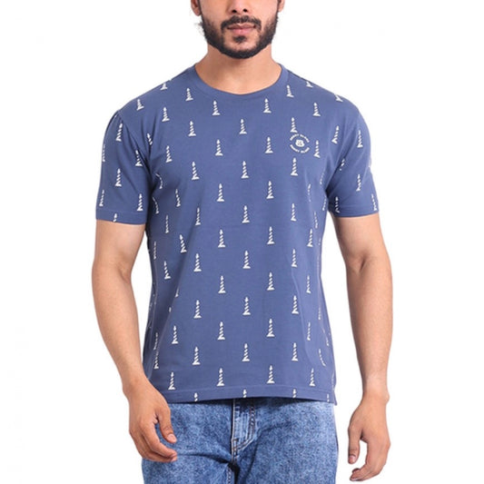 PKRKART Men's Casual Cotton Printed Round Neck Half Sleeve T-Shirt (Blue)