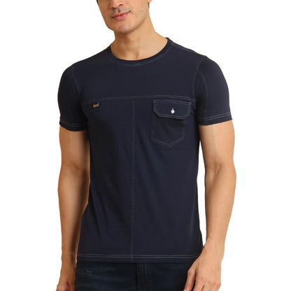 PKRKART Men's Casual Cotton Solid Round Neck Half Sleeve T-Shirt (Navy)