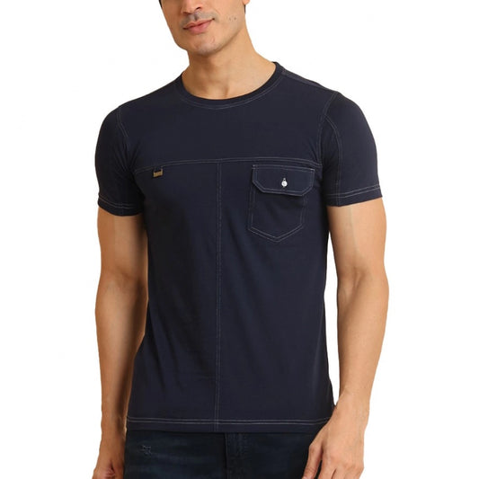 PKRKART Men's Casual Cotton Solid Round Neck Half Sleeve T-Shirt (Navy)