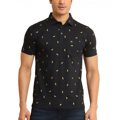 PKRKART Men's Casual Cotton Printed Polo Neck Half Sleeve T-Shirt (Black)
