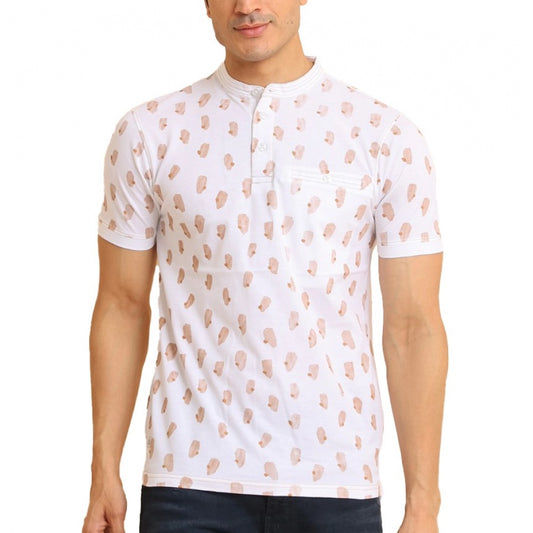 PKRKART Men's Casual Cotton Printed Mandarin Collar Half Sleeve T-Shirt (White)