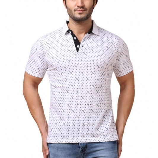 PKRKART Men's Casual Cotton Printed Polo Neck Half Sleeve T-Shirt (White)