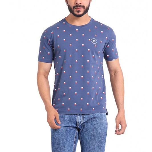 PKRKART Men's Casual Cotton Printed Round Neck Half Sleeve T-Shirt (Blue)