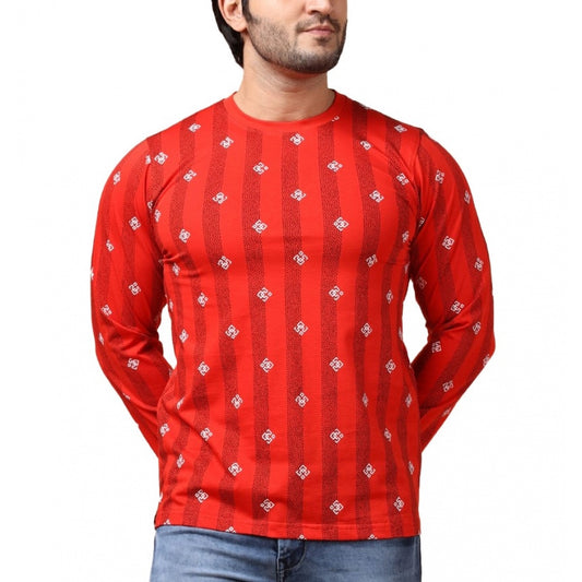 PKRKART Men's Casual Cotton Printed Round Neck Full Sleeve T-Shirt (Red)