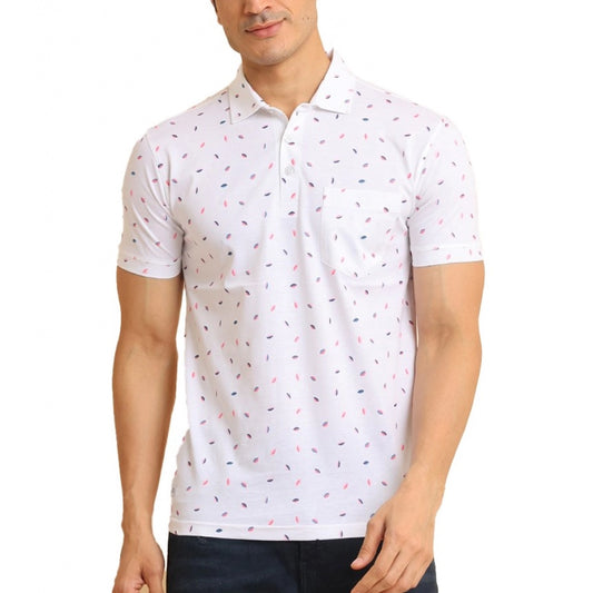 PKRKART Men's Casual Cotton Printed Polo Neck Half Sleeve T-Shirt (White)
