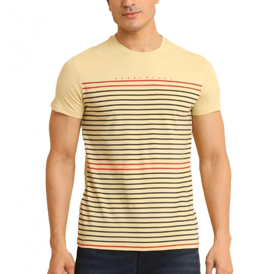 PKRKART Men's Casual Cotton Printed Round Neck Half Sleeve T-Shirt (Beige)