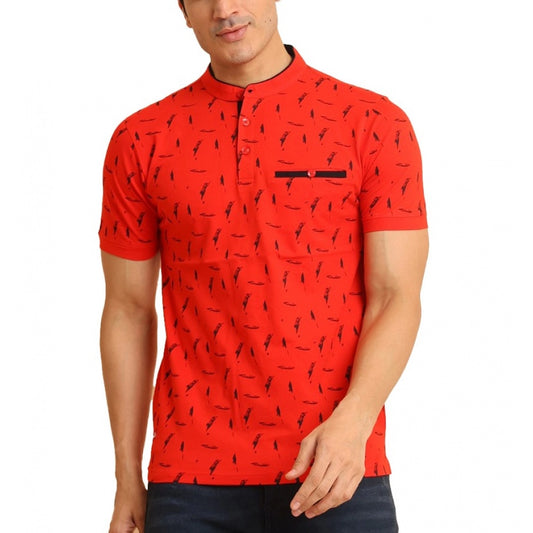 PKRKART Men's Casual Cotton Printed Mandarin Collar Half Sleeve T-Shirt (Red)